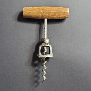 Vintage Wood T-Handle Corkscrew Twist Pull Cork Remover With Bell Cover